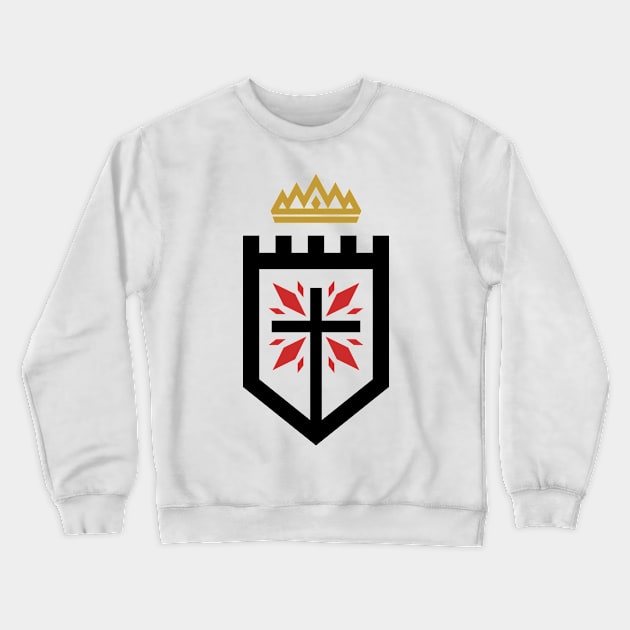 The cross of Jesus Christ against the backdrop of the fortress, on top of the crown - a sign of royal power. Crewneck Sweatshirt by Reformer